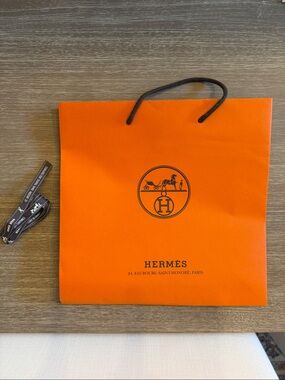 Hermes Paper Shopping Bag with Black Logo & Handles, 60” of ribbon